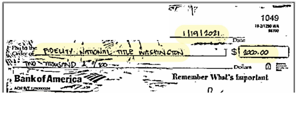 Redacted January 2021 bank check crop showing $2,000 earnest check to Fidelity National Title