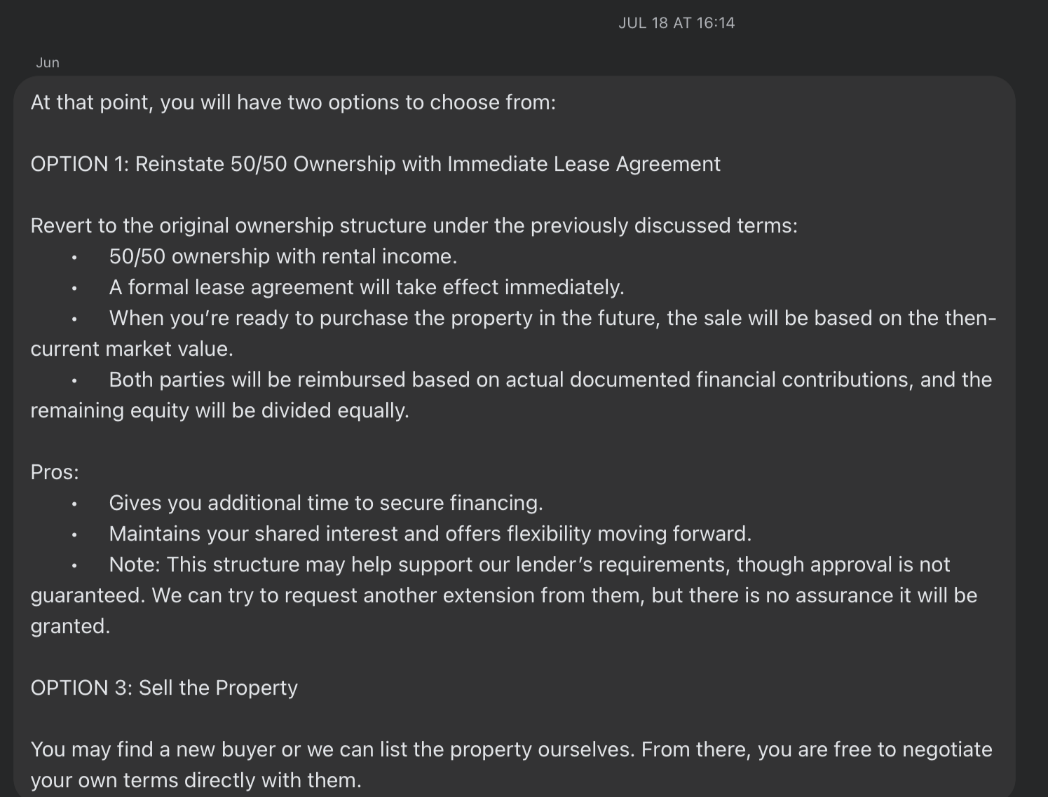 Privacy-cropped July 18 group message attributed to Jun offering informal 50/50 ownership and sale alternatives; numbering skips an option in excerpt