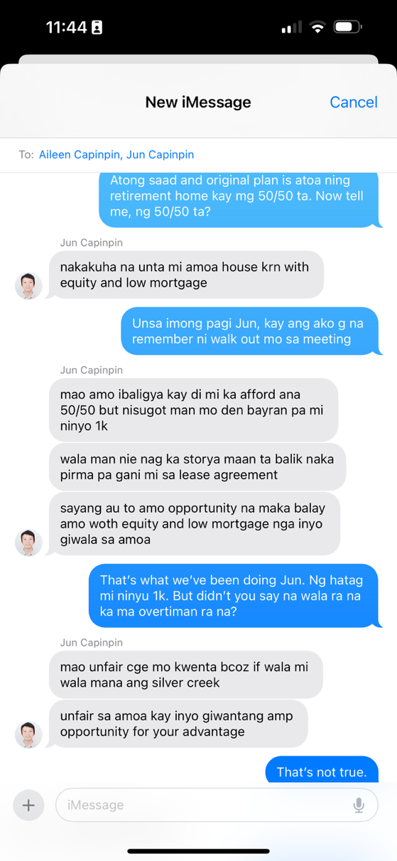 Preserved date-unverified iMessage-style screenshot attributed to Jun about a contemplated sale, 50/50 and a one-thousand-dollar understanding